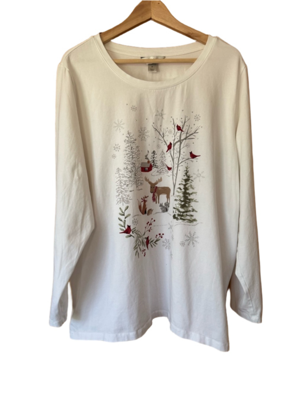 CJ Banks Embellished Winter Holiday Print White Long Sleeve Tee size 2X